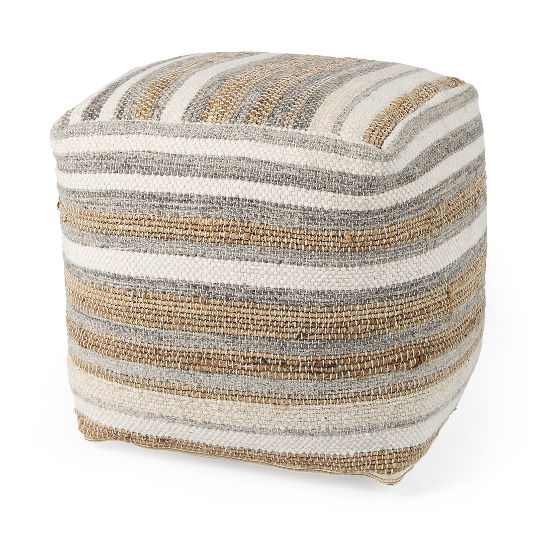 Aahana White/Taupe/Gray Striped Hemp and Cotton Pouf Living Room Mercana