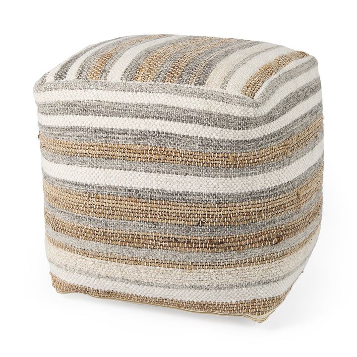 Aahana White/Taupe/Gray Striped Hemp and Cotton Pouf Living Room Mercana