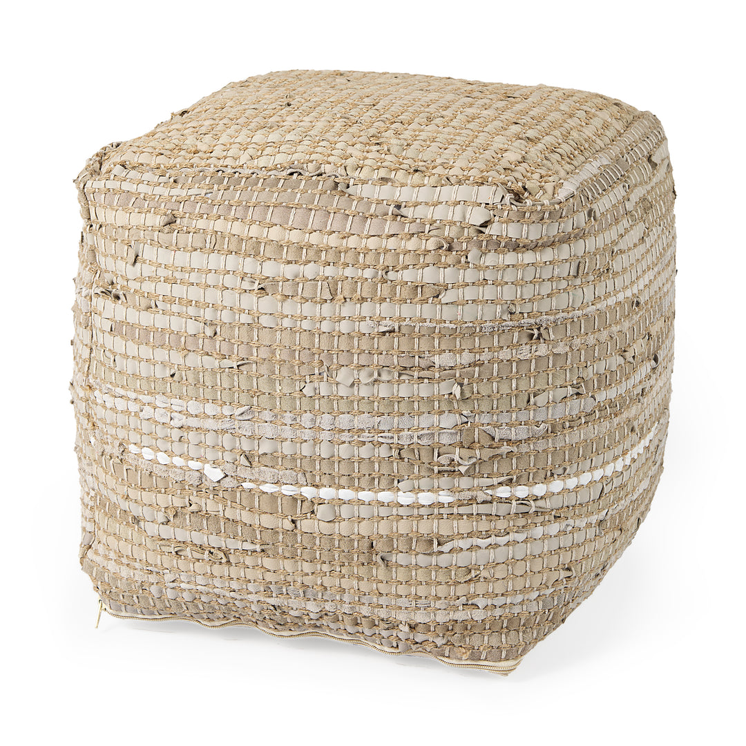 Aalia Beige Leather and Jute Pouf Living Room Mercana
