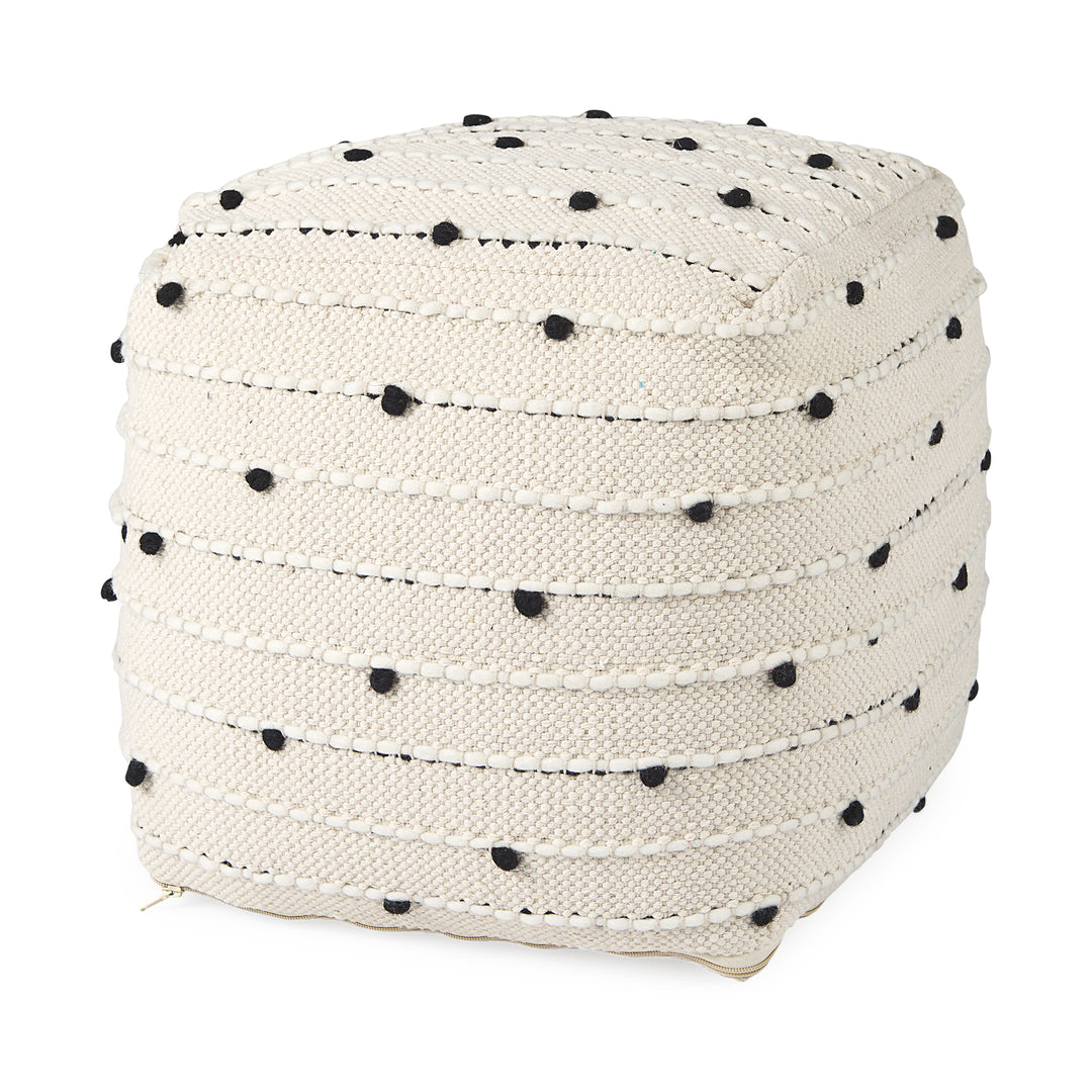 Amaira Cream/Black/White patterned Wool and Cotton Pouf Living Room Mercana