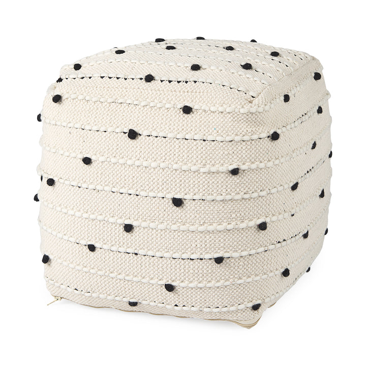 Amaira Cream/Black/White patterned Wool and Cotton Pouf Living Room Mercana