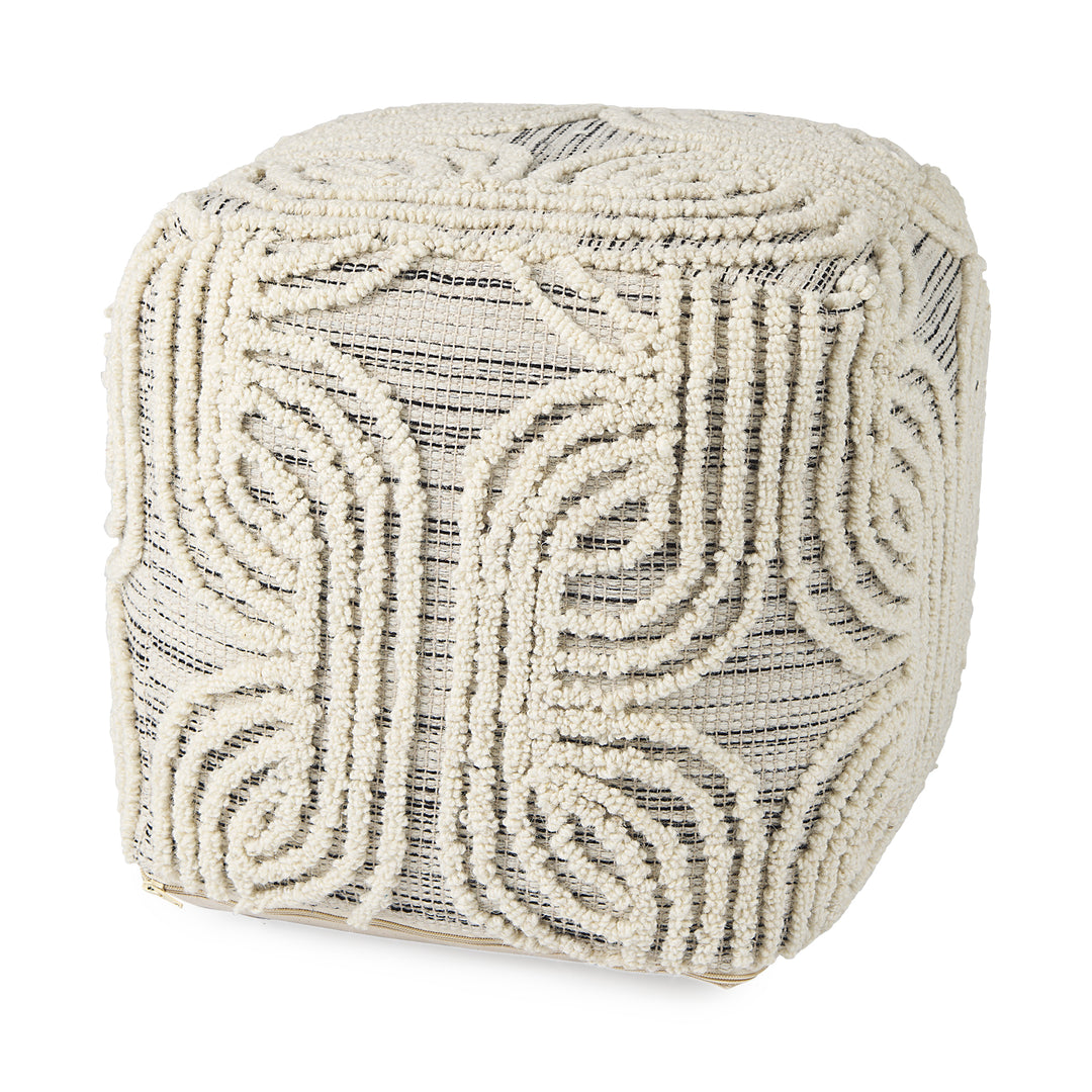 Amaya Cream/Black/Gray Wool and Cotton Pouf Living Room Mercana