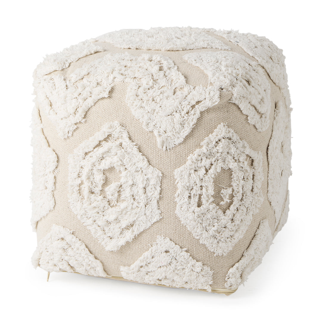 Ekanta Cream/Beige Patterned Cotton Pouf Living Room Mercana