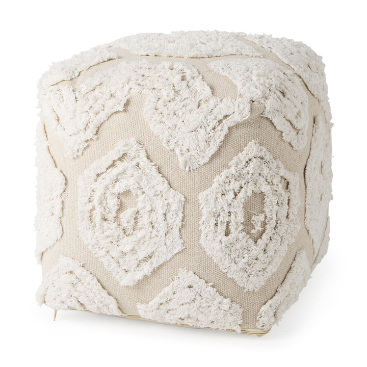 Ekanta Cream/Beige Patterned Cotton Pouf Living Room Mercana