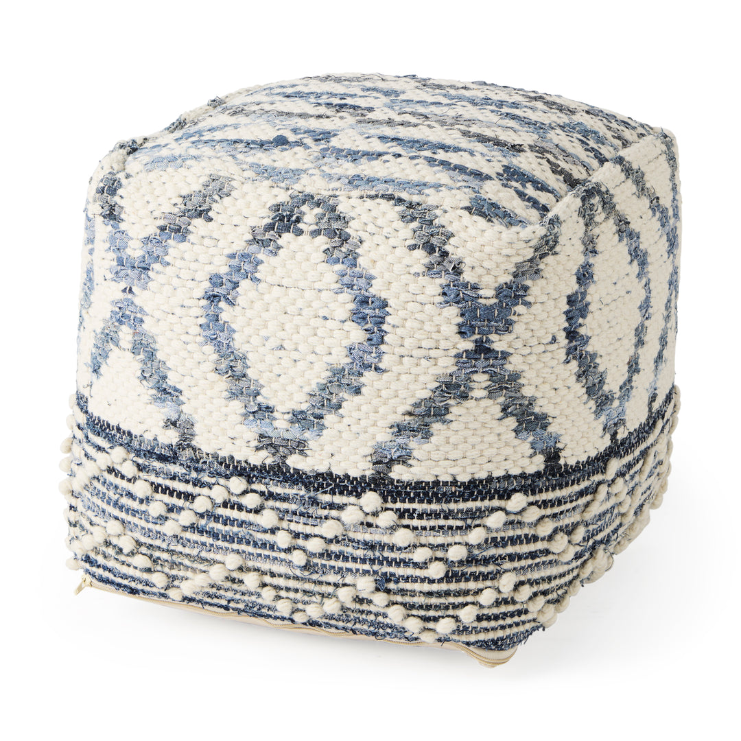 Eshana Cream Wool and Denim Patterned Pouf Living Room Mercana