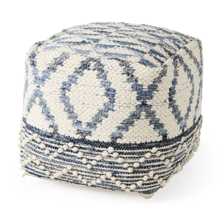 Eshana Cream Wool and Denim Patterned Pouf Living Room Mercana