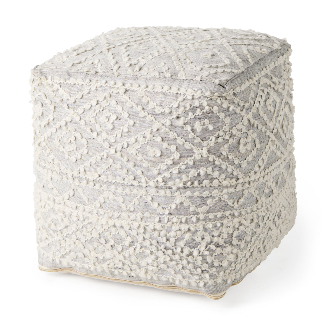 Farida Light Gray Wool and Polyester Patterned Pouf Living Room Mercana