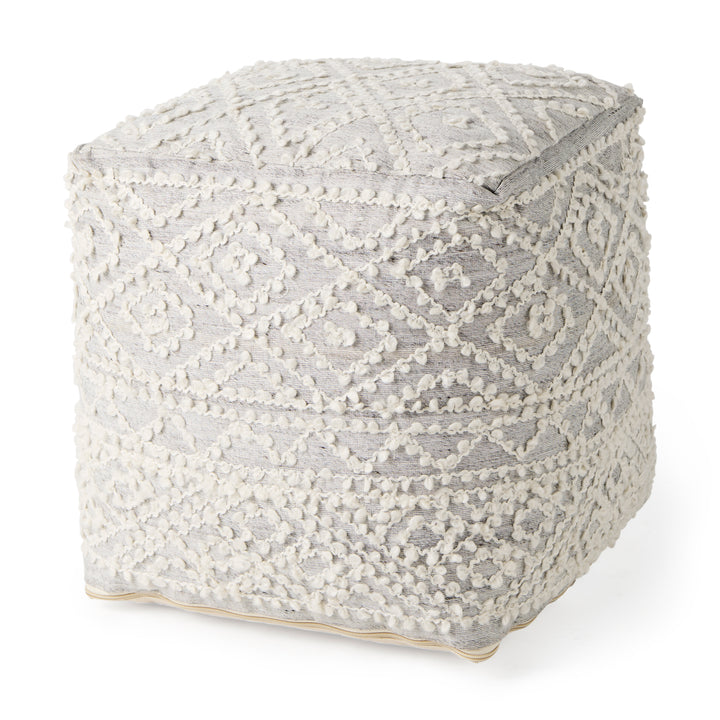 Farida Light Gray Wool and Polyester Patterned Pouf Living Room Mercana