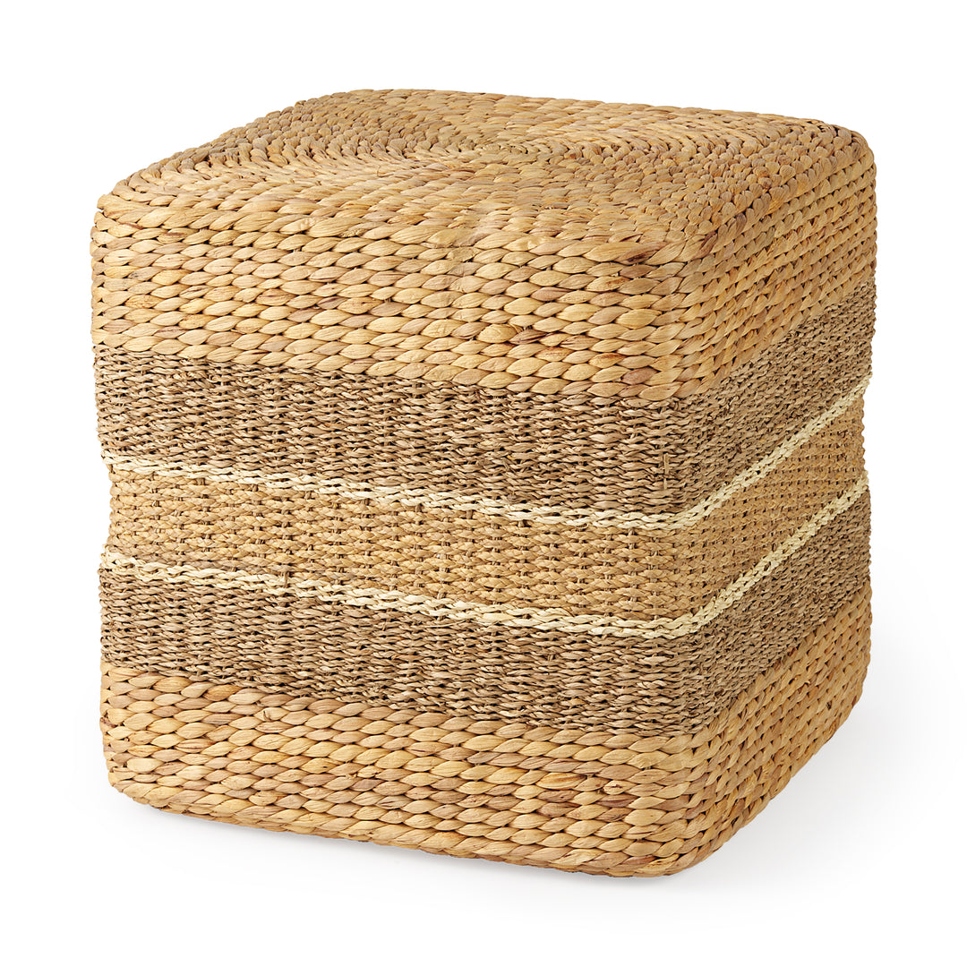 Maya Light Brown W/Medium Brown Stripes Seagrass Square Pouf Living Room Mercana