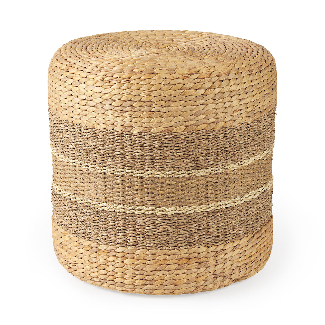 Maya Light Brown W/Medium Brown Stripes Seagrass Round Pouf Living Room Mercana