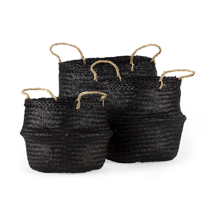 Ella (Set of 3) Black Seagrass Basket W/ Light Brown Handles Decor Mercana