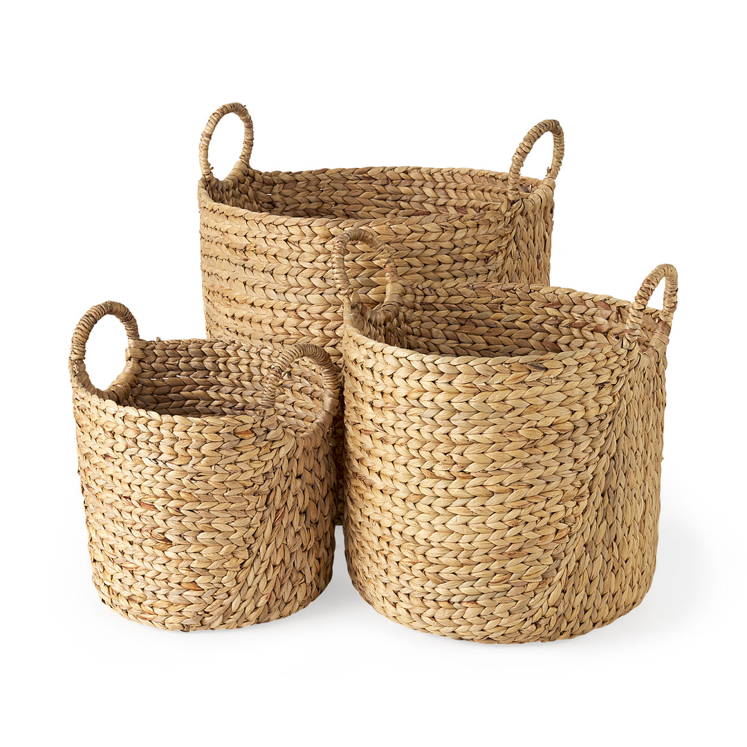 Sivan (Set of 3) Light Brown Water Hyacinth Round Basket W/ Handles Decor Mercana