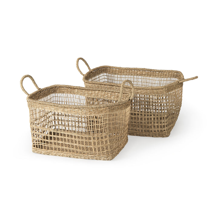 Bellisa (Set of 2) Medium Brown Seagrass Rectangular Basket W/ Handles Decor Mercana