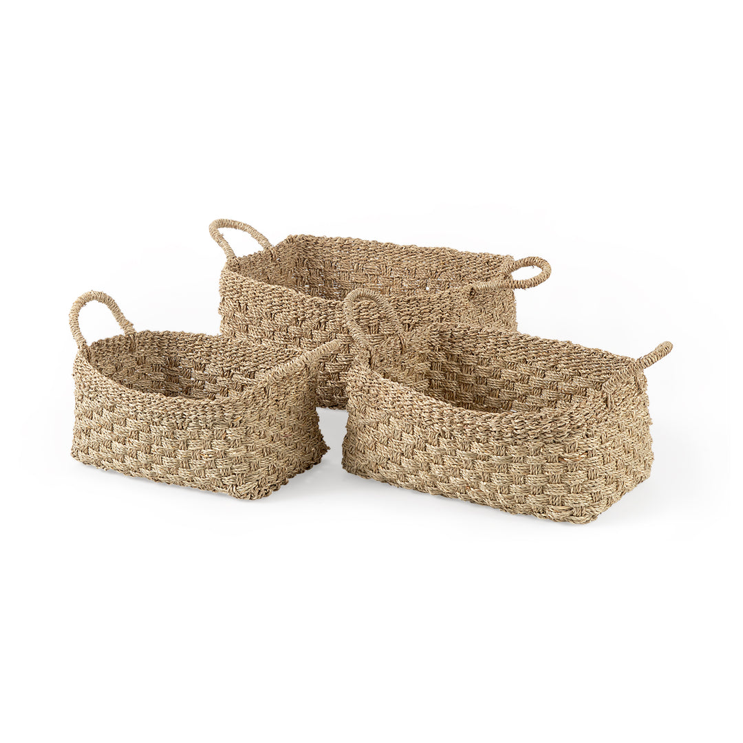 Emra (Set of 3) Light Brown Seagrass Rectangular Basket W/ Handles Decor Mercana