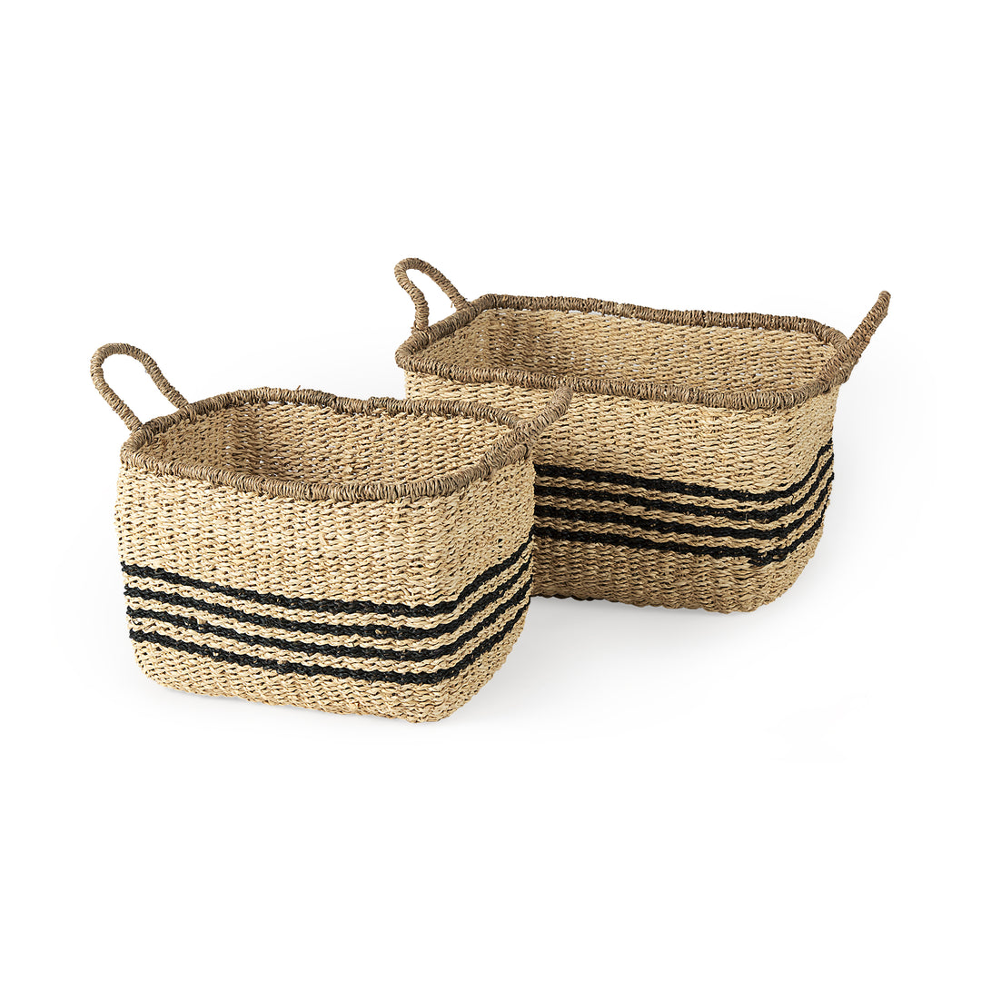 Emma (Set of 2) Light Brown Seagrass Rectangular Basket W/ Black Stripes Decor Mercana