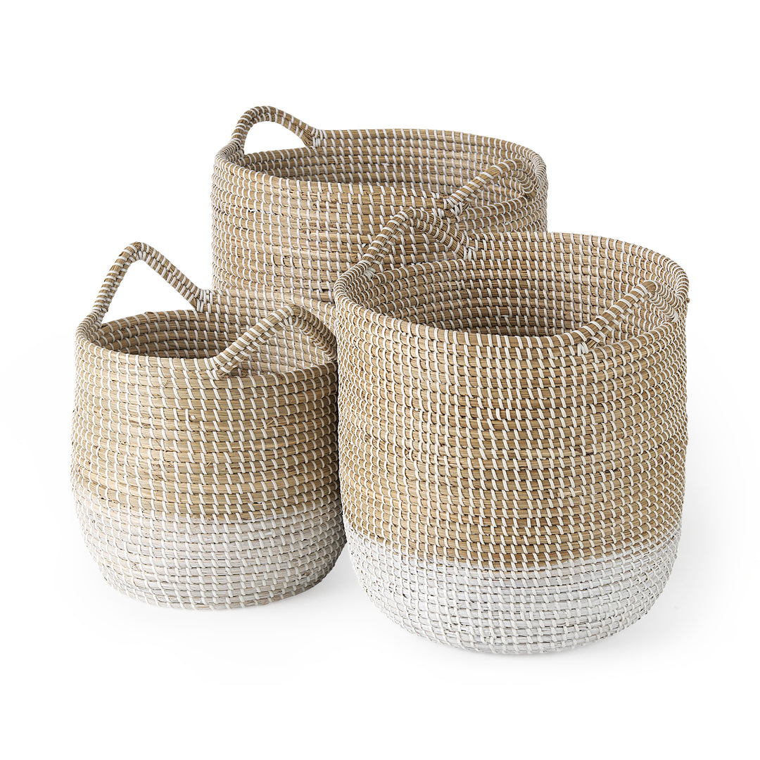 Maddie (Set of 3) Light Brown W/White Dipped Seagrass Round Basket W/ Handles Decor Mercana