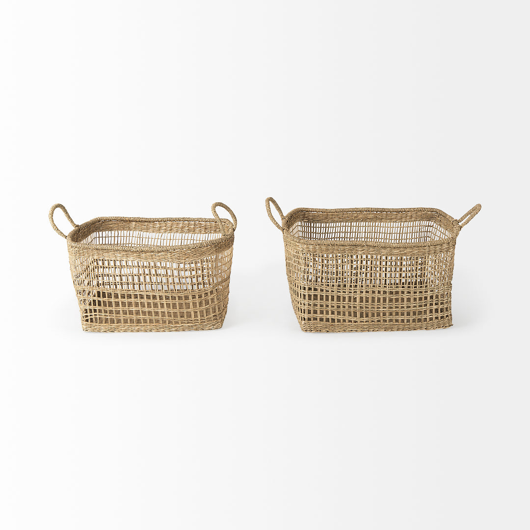 Bellisa (Set of 2) Medium Brown Seagrass Rectangular Basket W/ Handles Decor Mercana