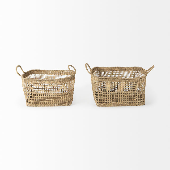 Bellisa (Set of 2) Medium Brown Seagrass Rectangular Basket W/ Handles Decor Mercana