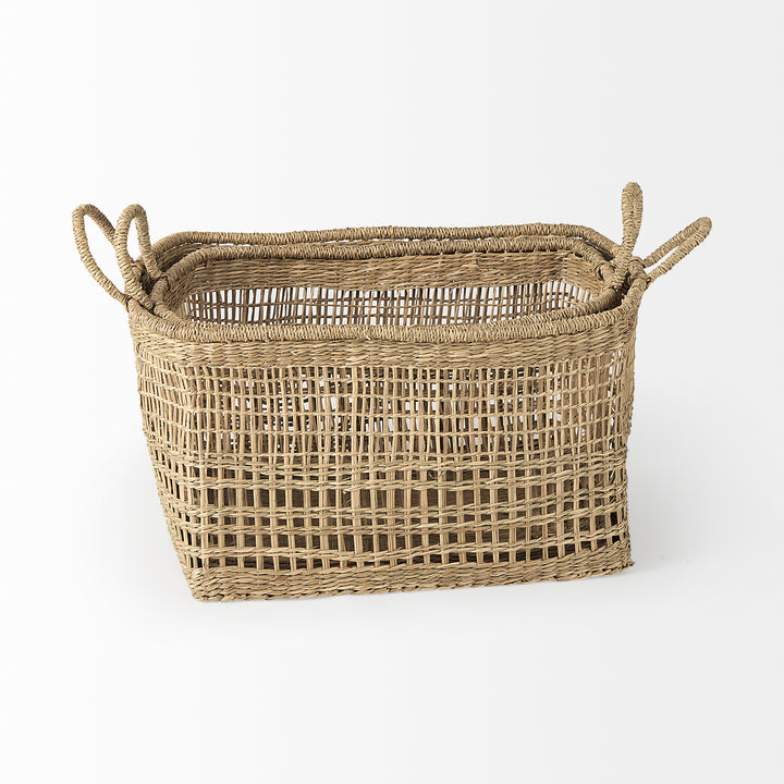 Bellisa (Set of 2) Medium Brown Seagrass Rectangular Basket W/ Handles Decor Mercana