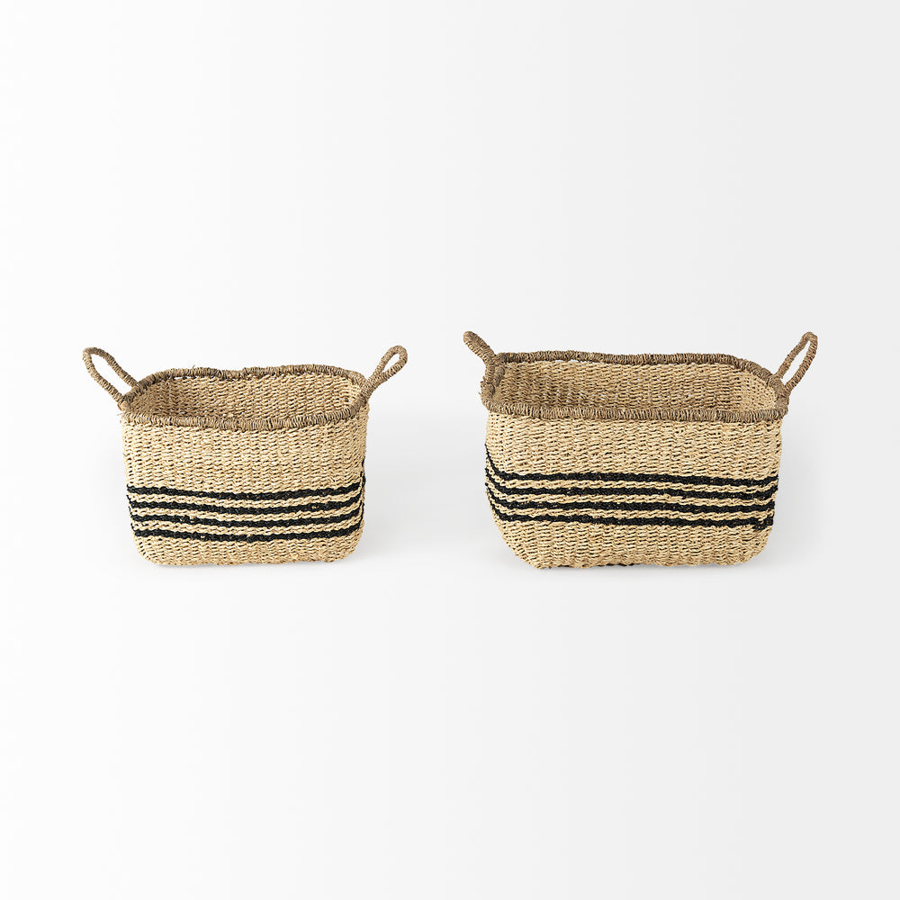 Emma (Set of 2) Light Brown Seagrass Rectangular Basket W/ Black Stripes Decor Mercana