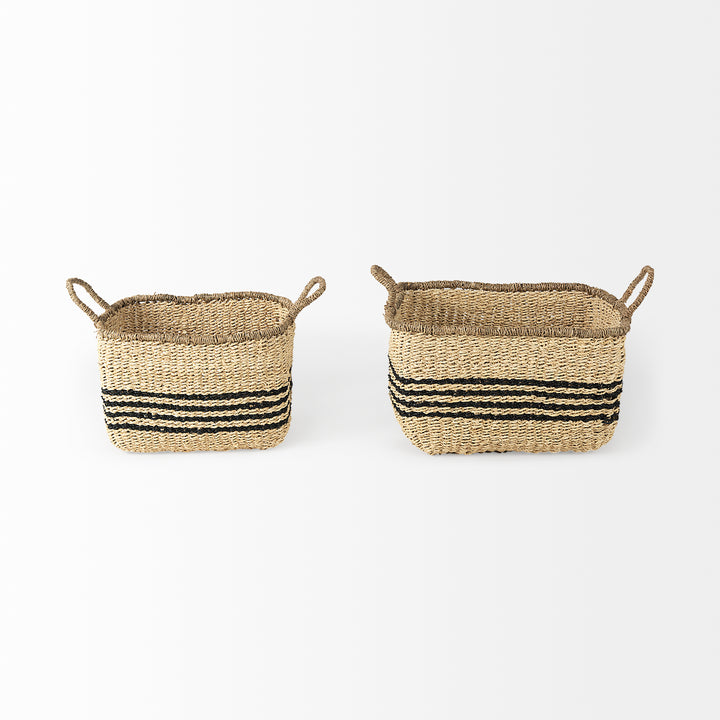 Emma (Set of 2) Light Brown Seagrass Rectangular Basket W/ Black Stripes Decor Mercana