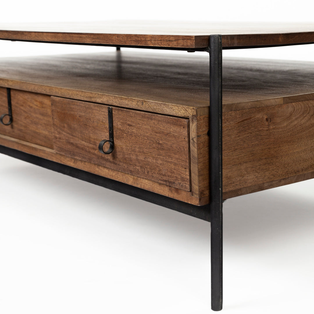 Glenn II 54x30 Dark Brown Wood w/ Black Iron Frame, Rectangle 3 Drawers Coffee Table Dining Room Mercana