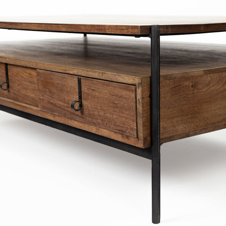 Glenn II 54x30 Dark Brown Wood w/ Black Iron Frame, Rectangle 3 Drawers Coffee Table Dining Room Mercana