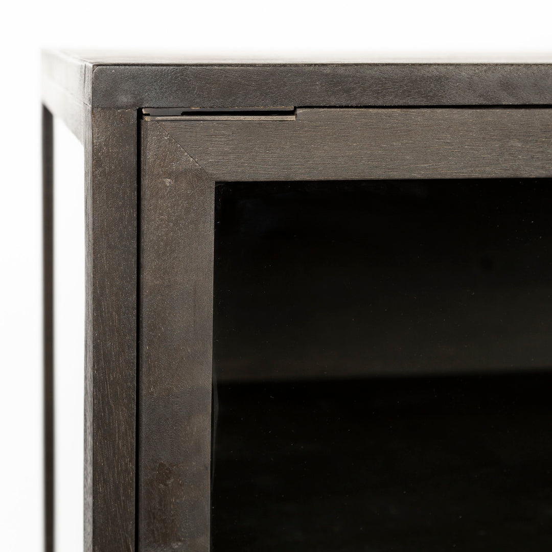 Arelius 36L x 18W Black-Brown Wood, Black Metal Base w/ 2 Glass Doors Accent Cabinet Decor Mercana