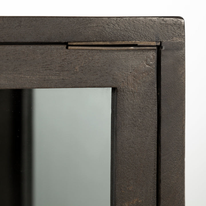 Arelius 36L x 18W Black-Brown Wood, Black Metal Base w/ 2 Glass Doors Accent Cabinet Decor Mercana