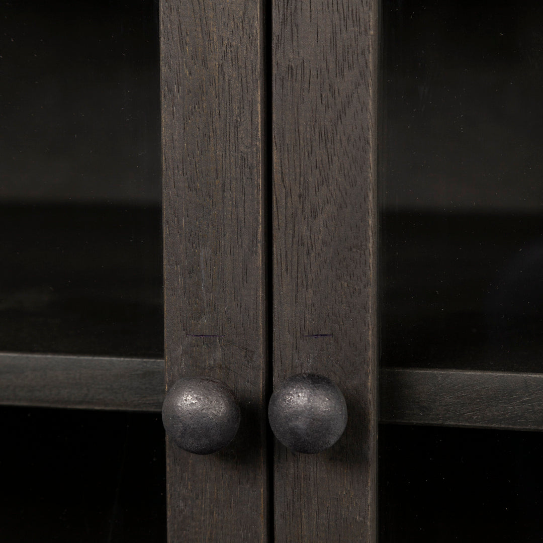 Arelius 36L x 18W Black-Brown Wood, Black Metal Base w/ 2 Glass Doors Accent Cabinet Decor Mercana