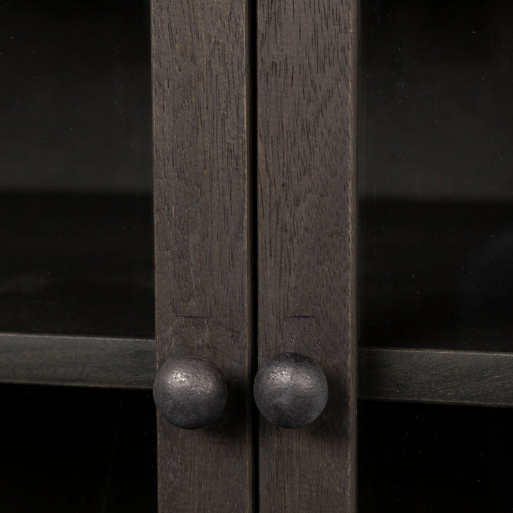 Arelius 36L x 18W Black-Brown Wood, Black Metal Base w/ 2 Glass Doors Accent Cabinet Decor Mercana