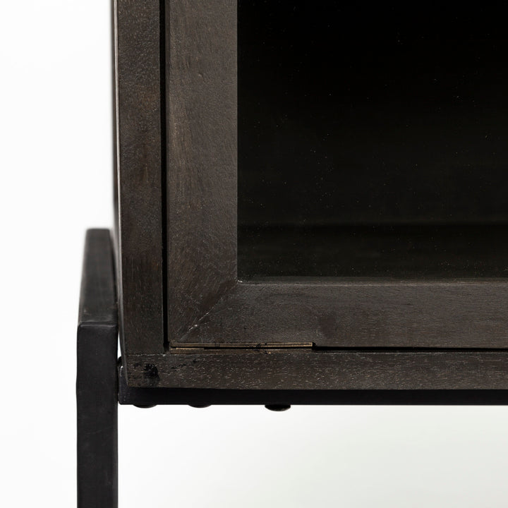 Arelius 36L x 18W Black-Brown Wood, Black Metal Base w/ 2 Glass Doors Accent Cabinet Decor Mercana
