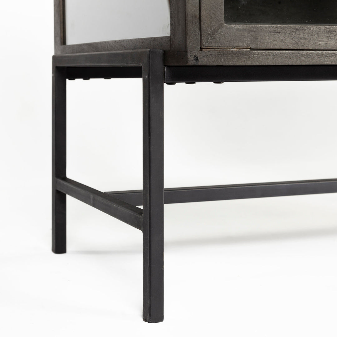 Arelius 36L x 18W Black-Brown Wood, Black Metal Base w/ 2 Glass Doors Accent Cabinet Decor Mercana