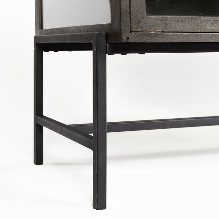 Arelius 36L x 18W Black-Brown Wood, Black Metal Base w/ 2 Glass Doors Accent Cabinet Decor Mercana