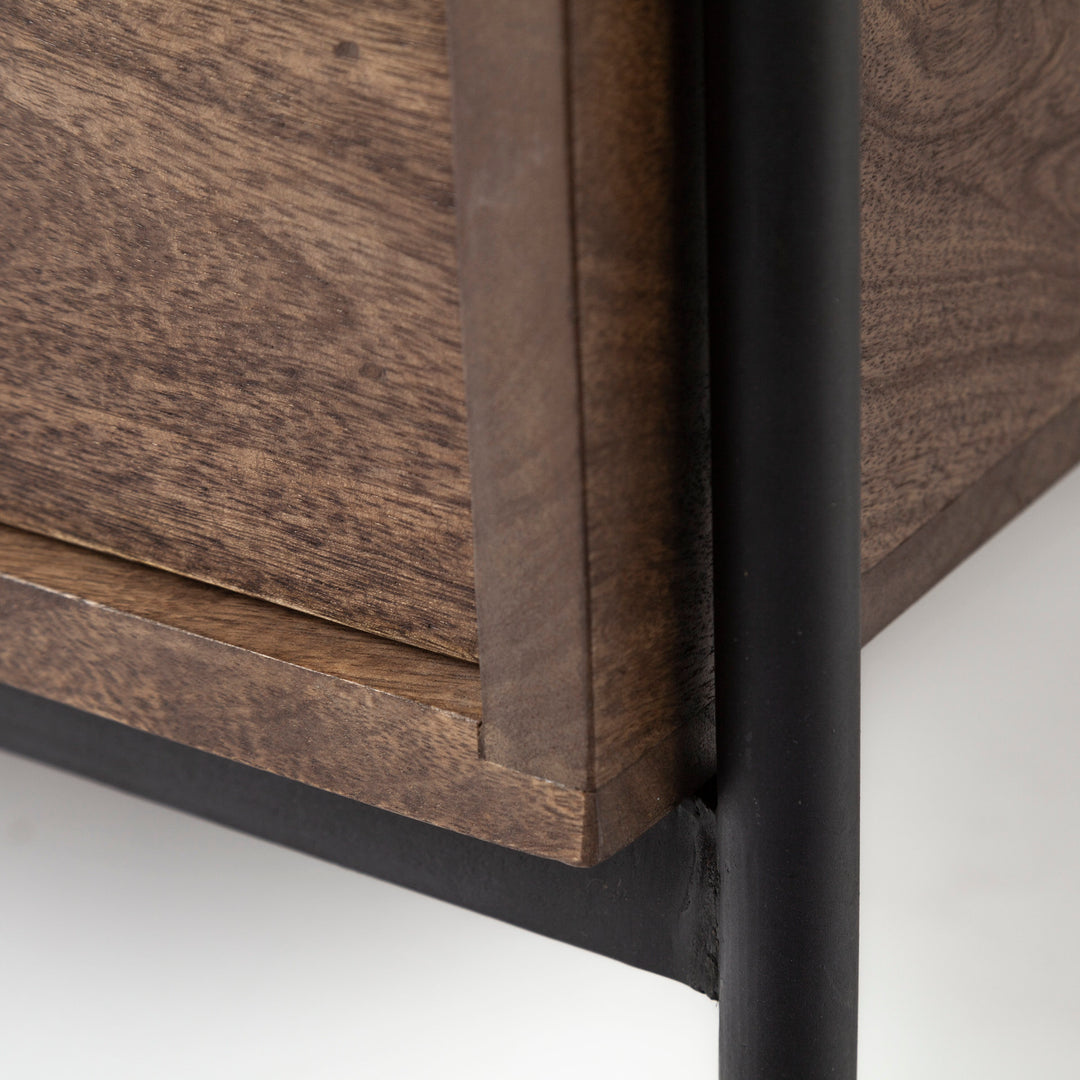 Glenn I Dark Brown Wood w/ Black Iron Frame Square End/Side Table Dining Room Mercana