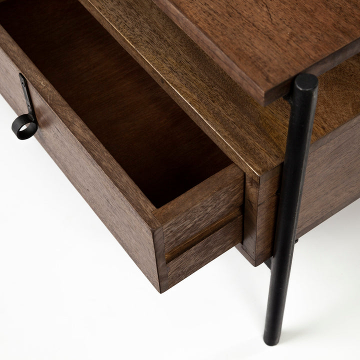 Glenn II 54x30 Dark Brown Wood w/ Black Iron Frame, Rectangle 3 Drawers Coffee Table Dining Room Mercana