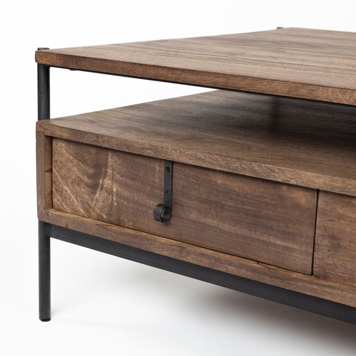 Glenn II 54x30 Dark Brown Wood w/ Black Iron Frame, Rectangle 3 Drawers Coffee Table Dining Room Mercana