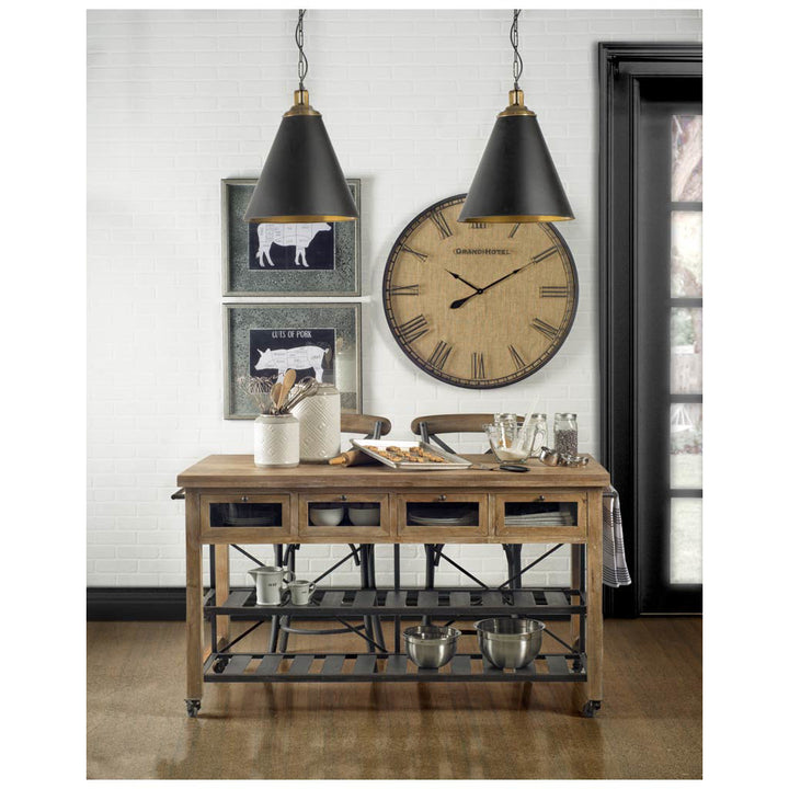 Stuart I Brown Solid Wood Top Two-Tier Black Metal Rolling Kitchen Island Dining Room Mercana