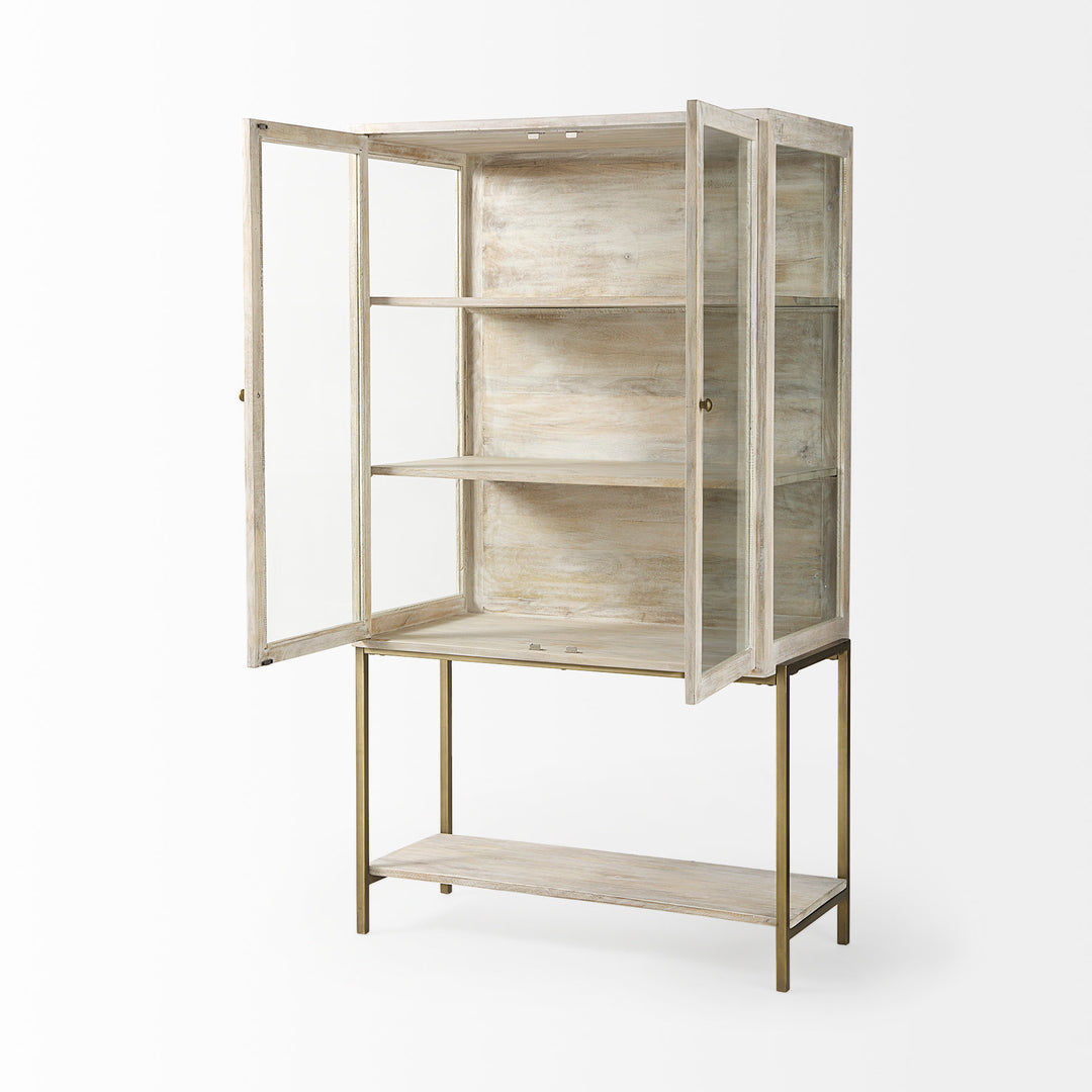 Arelius White Wood W/ Gold Metal Base Display Cabinet Living Room Mercana