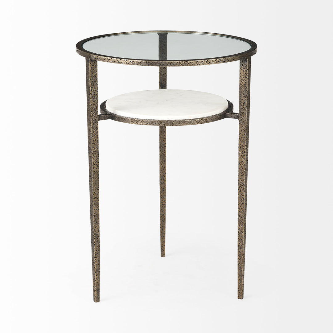 Felicity Glass Top W/ White Marble Shelf and Antique Gold Base End/Side Table Living Room Mercana
