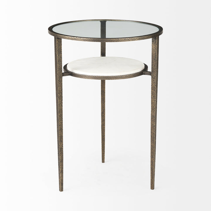 Felicity Glass Top W/ White Marble Shelf and Antique Gold Base End/Side Table Living Room Mercana