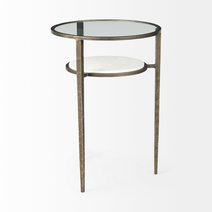 Felicity Glass Top W/ White Marble Shelf and Antique Gold Base End/Side Table Living Room Mercana