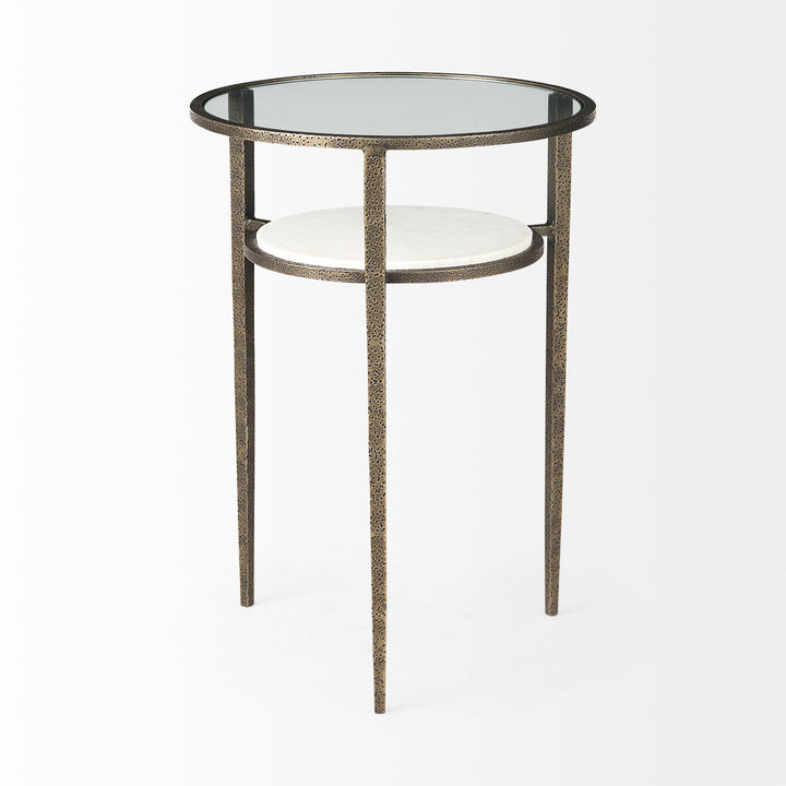 Felicity Glass Top W/ White Marble Shelf and Antique Gold Base End/Side Table Living Room Mercana