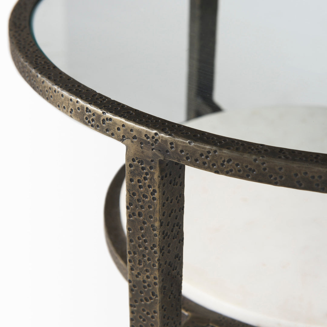 Felicity Glass Top W/ White Marble Shelf and Antique Gold Base End/Side Table Living Room Mercana