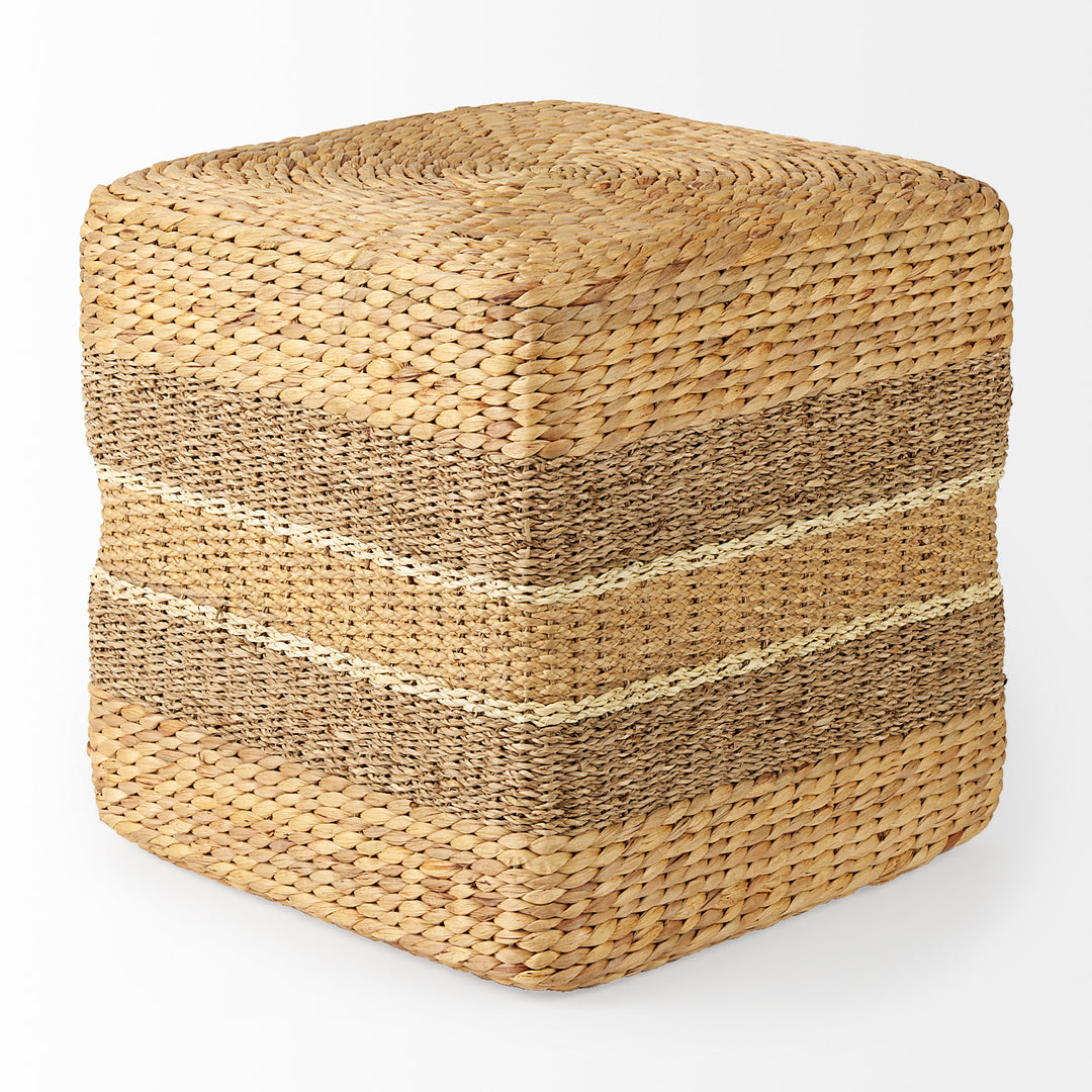 Maya Light Brown W/Medium Brown Stripes Seagrass Square Pouf Living Room Mercana