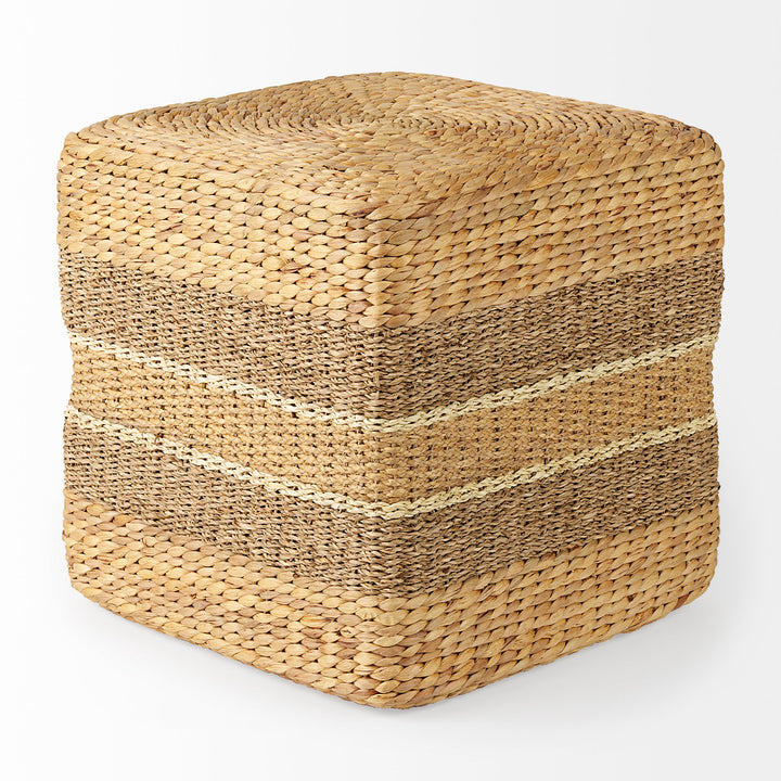 Maya Light Brown W/Medium Brown Stripes Seagrass Square Pouf Living Room Mercana