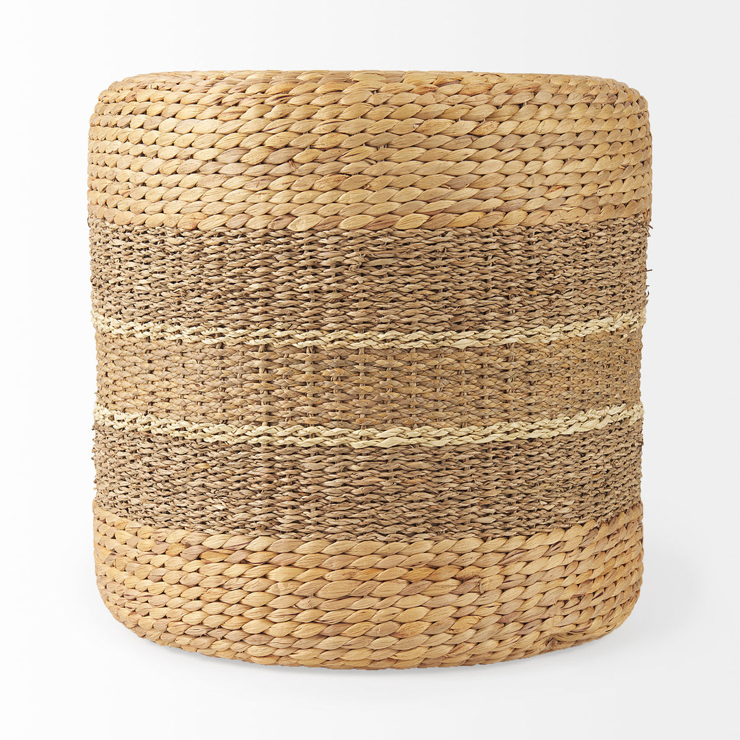 Maya Light Brown W/Medium Brown Stripes Seagrass Round Pouf Living Room Mercana