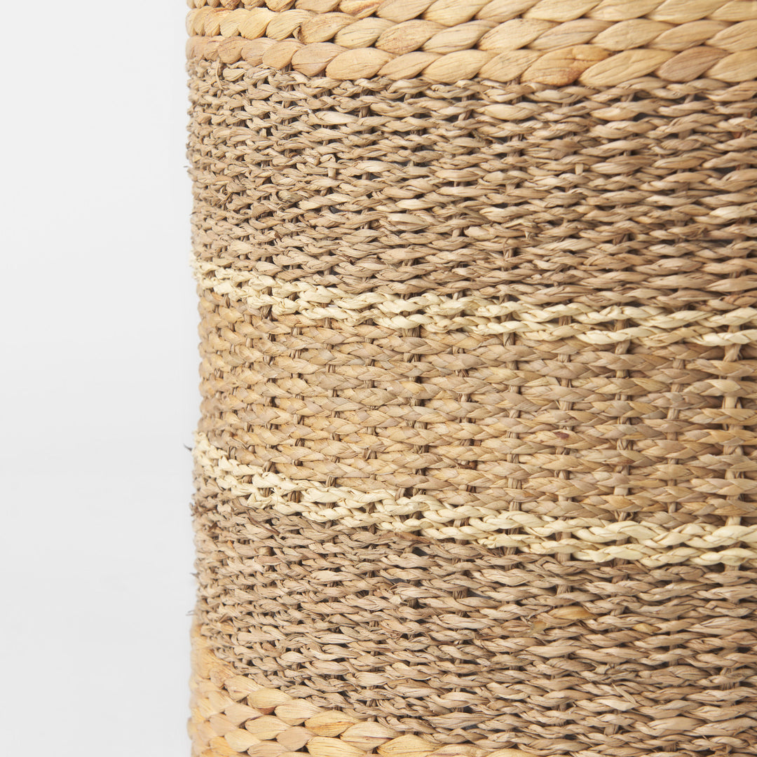 Maya Light Brown W/Medium Brown Stripes Seagrass Round Pouf Living Room Mercana