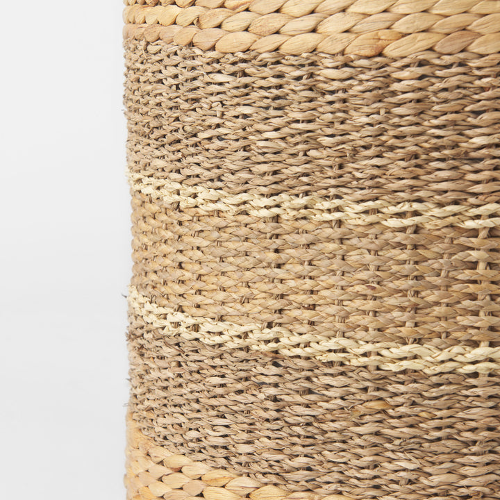 Maya Light Brown W/Medium Brown Stripes Seagrass Round Pouf Living Room Mercana
