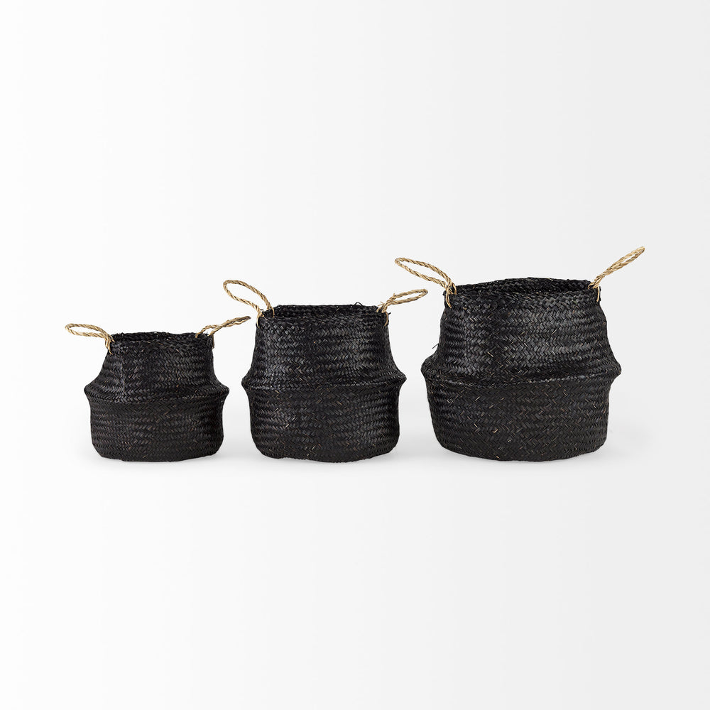 Ella (Set of 3) Black Seagrass Basket W/ Light Brown Handles Decor Mercana